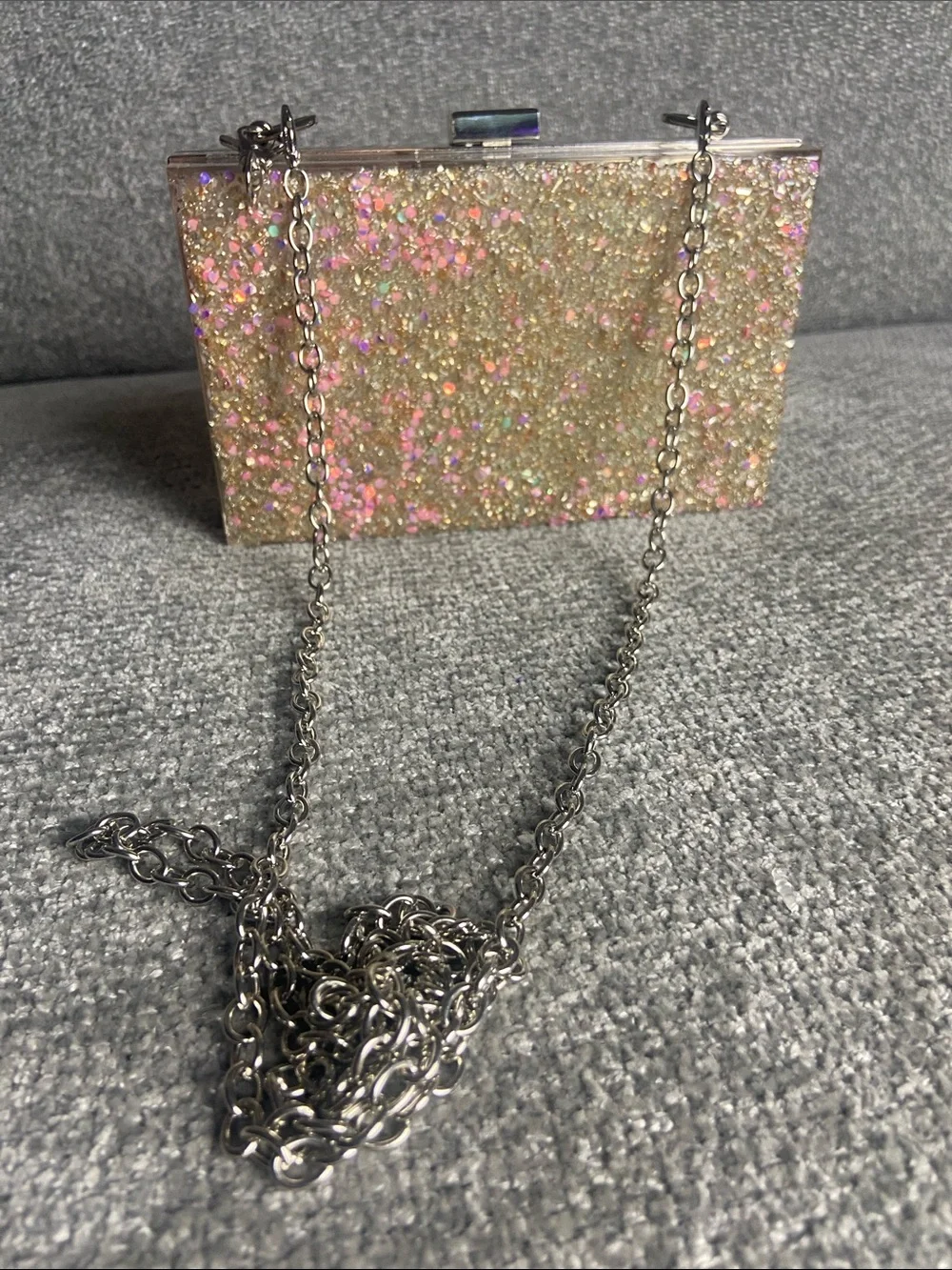 Glitter Evening Clutch Bag with Chain Strap - Champagne